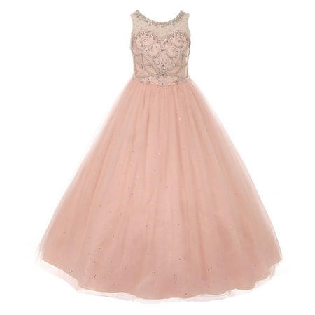 Girls Blush Pink Crystal Glitter Tulle Floor Length Pageant Dress