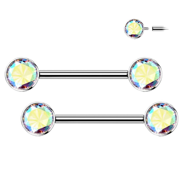 BodyJewelryOnline Nipple Barbell Implant Grade Titanium with CZ bezel Set Internally Threaded Women