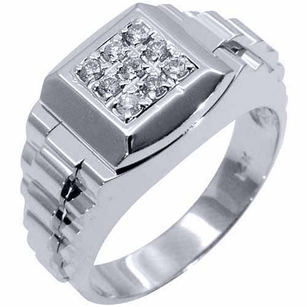 Mens 14k White Gold Square Diamond Rolex Style Ring .45 Carats