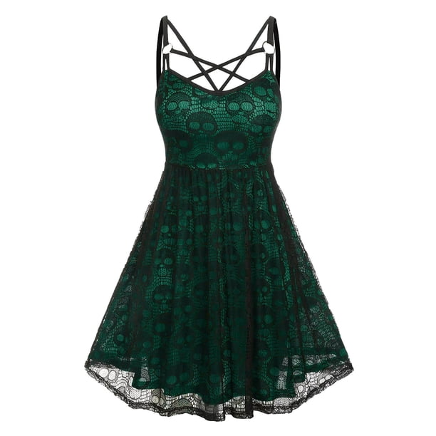 Mini vestido con cremallera y camisola sin mangas con retazos de malla de encaje de Halloween para mujer de talla grande Fridja hj6064