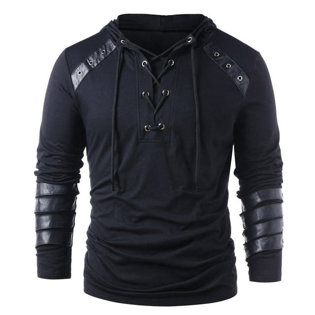 MIASHUI Sweat à Capuche Rétro pour Hommes, Panneau en Cuir, Lacé sur la Poitrine, Cordon de Serrage Réglable, Manches Longues, Noir, TG