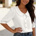 thumbnail image 7 of Womens 3/4 Length Sleeve Cotton Linen Blouses Button Down Peter Pan Collar Breathable Lightweight Tops Soft Wrinkle Resistant Summer Casual Wear , L, #03 White, 7 of 7