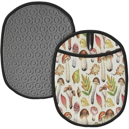 

PRIYAL Mushroom Fall Leaves Pot Holders Sets of 2 Silicone Potholders Kitchen Decor Heat Resistant Oven Hot Pads with Pockets Non Slip Grip Large Potholders for Kitchen Baking Oven End Dishes