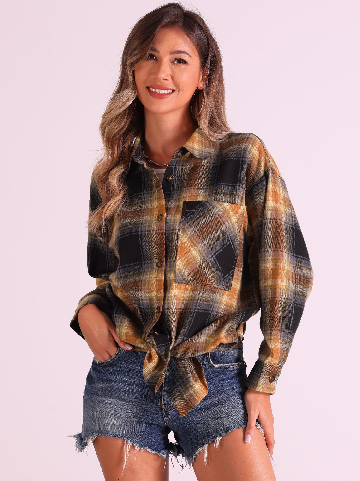 DARING DIVA Women's Long Sleeve Plaid Button Down Shirt Blouse Top M Black Caramel