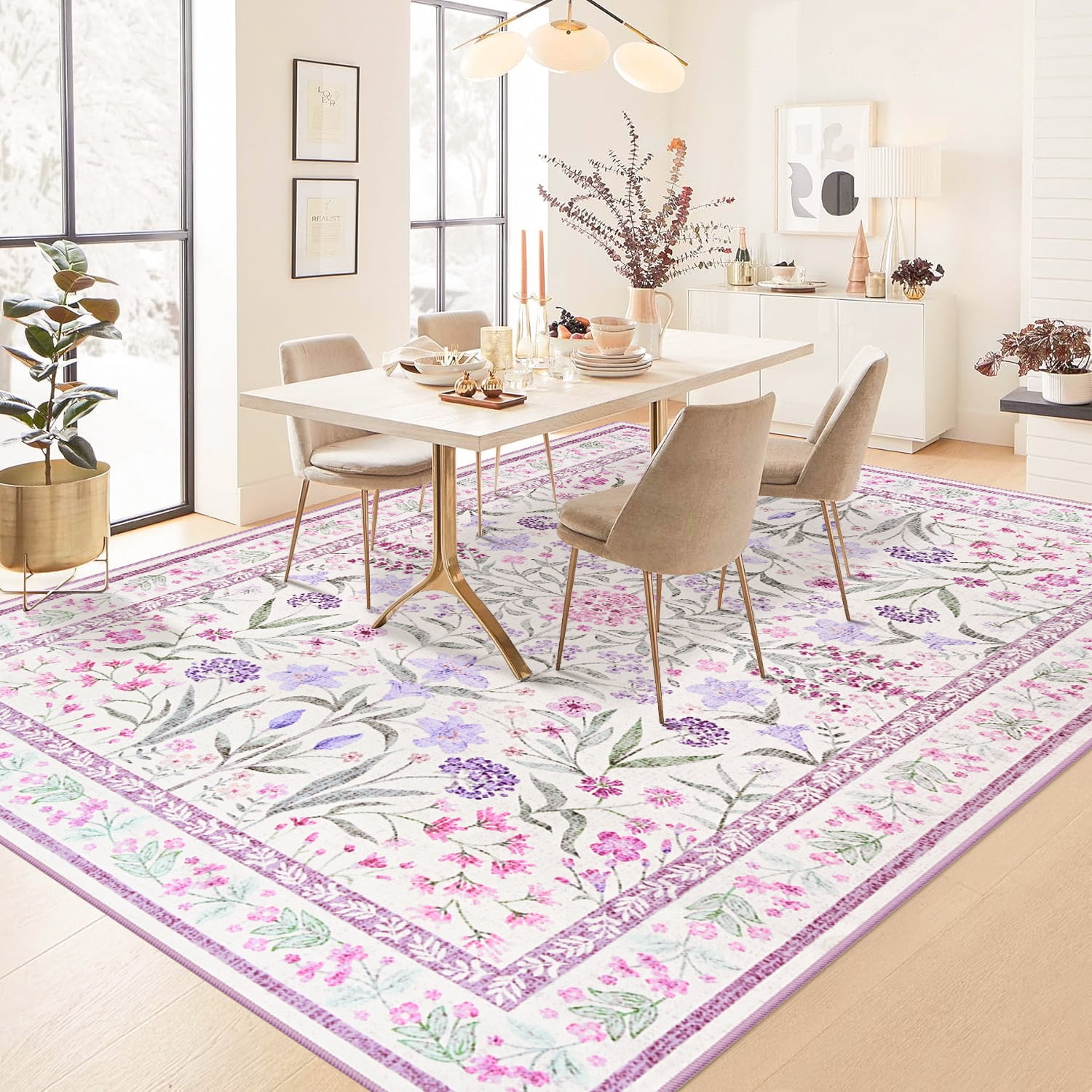 Wondo 4x6 Ft Purple Floral Area Rug - Machine Washable Low Pile Non-Slip Carpet, Boho Vintage Farmhouse Decor for Living Room, Bedroom, Nursery & Office