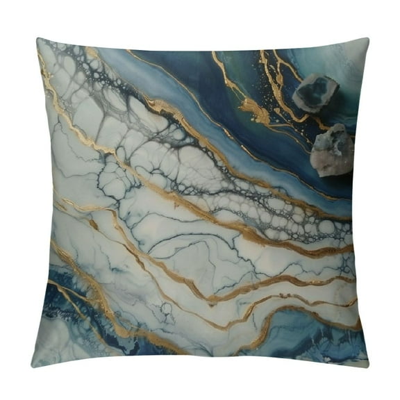 PRATYUS Blue and Gold Throw Pillows Covers, Decorative Gold and Blue Abstract Marble Pillow Covers 18" x 18", Blue and Gold Cushion Covers Sofa Living Room Couch Home Decor Pillowcase White