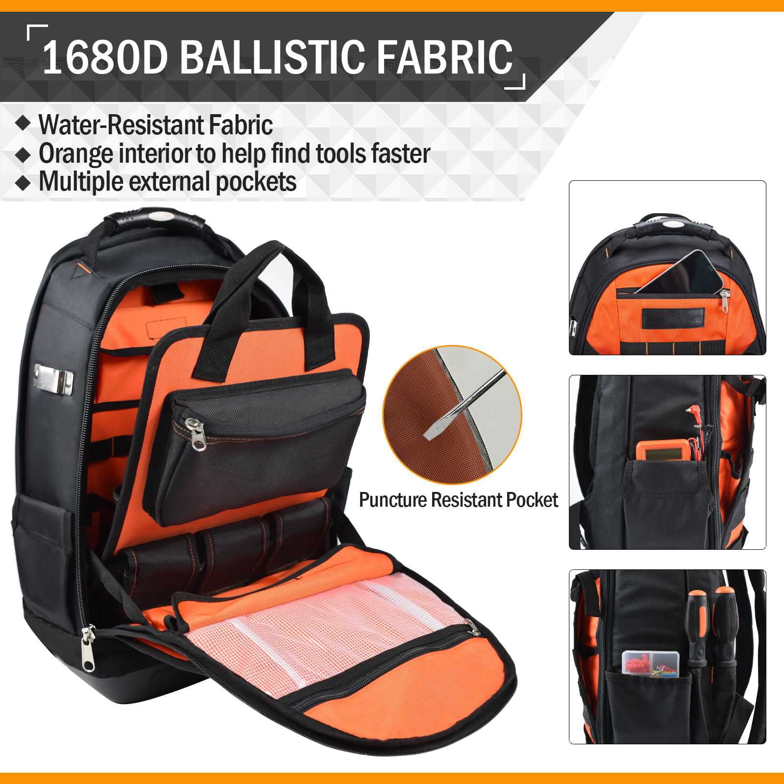 40-Pocket Heavy Duty Tool Backpack, Large Tool Bag for Men Women, HVAC Tool Bag Organizer, Tool Backpack with Laptop Compartment & Molded Base for Electrician Construction