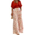 thumbnail image 2 of GILIGEGE Women Floral Print 2 Piece Set Deep V Neck Short Half Sleeve Top Wide Leg Flared Long Pants Matching Business Formal Wedding Guest Casual Summer Fashion Suit Daily Outfit Wear Red, 2 of 7