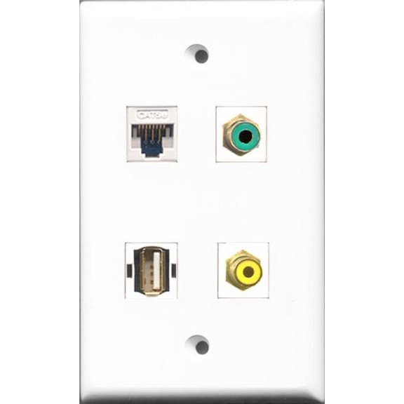 RiteAV 1 Port RCA Yellow and 1 Port RCA Green and 1 Port USB A-A and 1 Port Cat5e Ethernet White Wall Plate