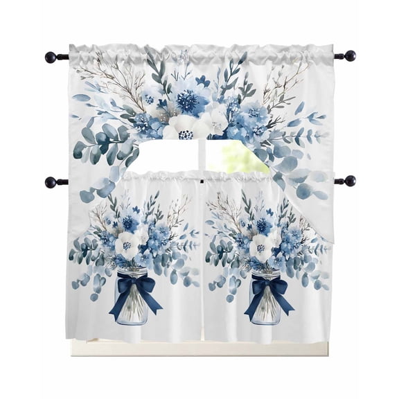 Farmhouse Blue 3 Piece Swag Kitchen Curtains Set Valance and Tier Curtains 24 Inches Long, 56" x 36" Window Topper Flowers Eucalyptus Leaves Bottle Pastoral for Cafe Bathroom Bedroom