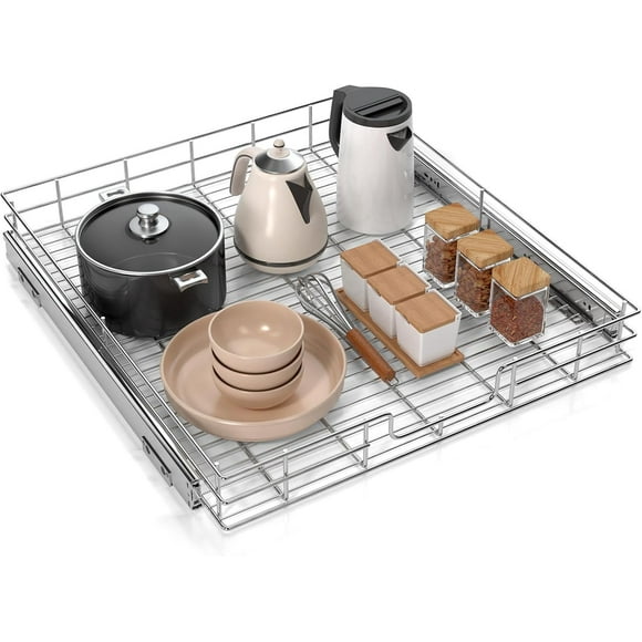2 Tier Pull Out Cabinet Organizer 19.5" W X 21" D Heavy Duty Pull Out Storage Shelf, Cabinet Slide Out Shelves for Kitchen Cabinet Organizers Home Organization Chrome