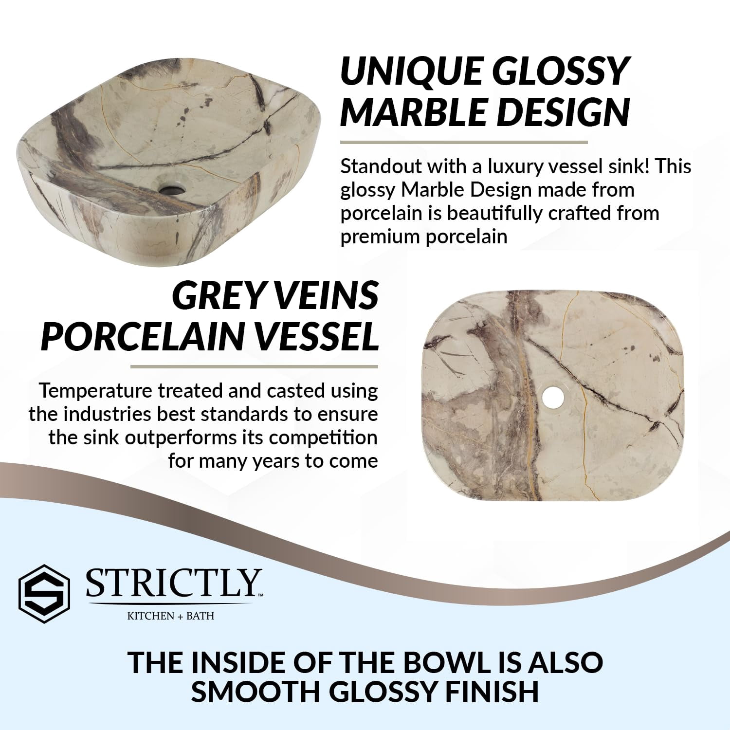 Strictly Sinks 20" Bathroom Vessel Sink Calacatta Marble Design Ceramic Countertop Luxurious Sink