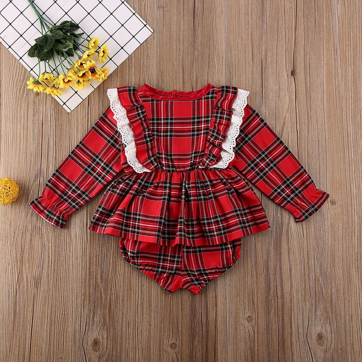 2PCS Christmas Newborn Baby Girl Plaid Clothes Lace Ruffle Plaid Dress Shorts 0 24 Months Walmart