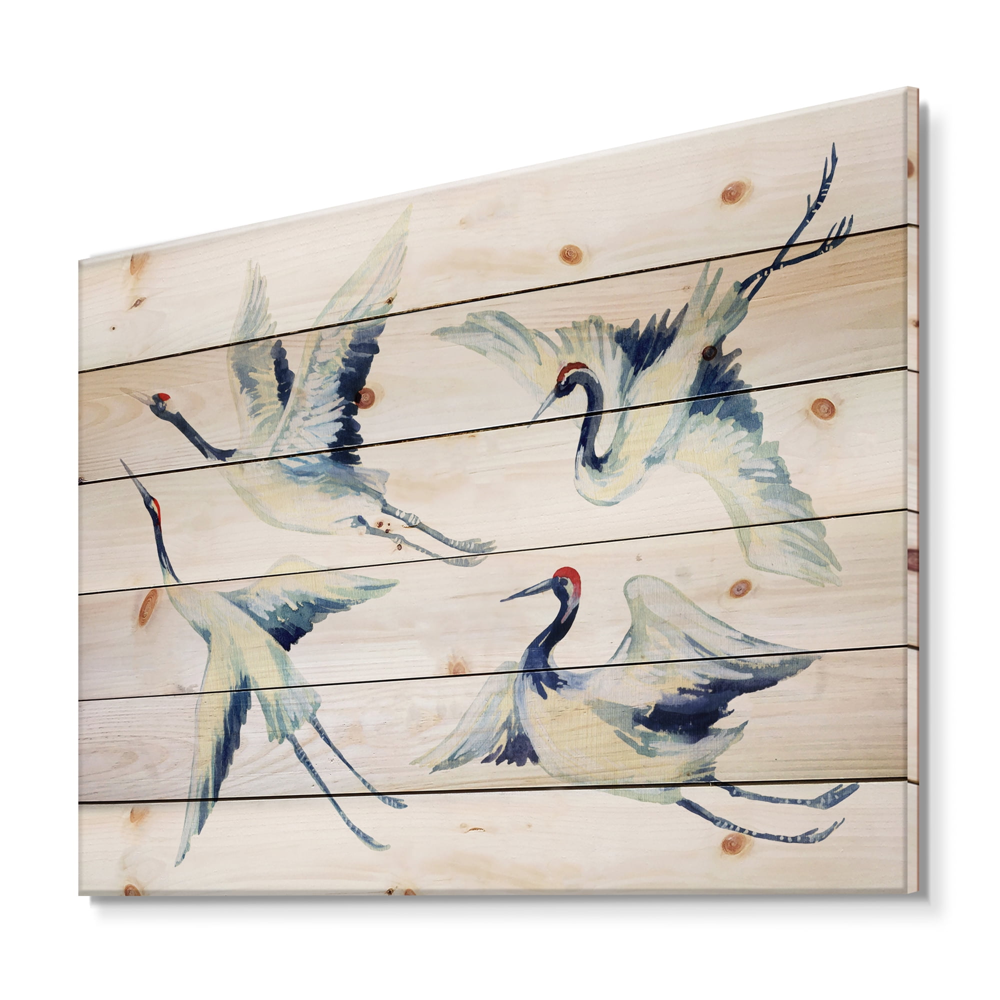Designart 'Asian Crane Bird Impression II' Traditional Print on Natural Pine Wood
