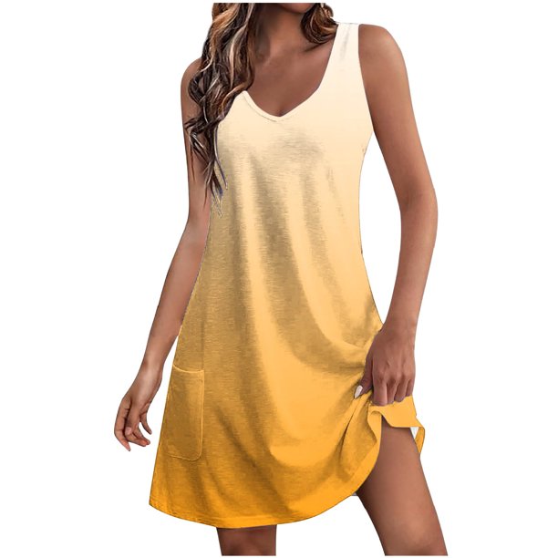 Vestido de Verano para las Mujeres de Moda Impresión de Bolsillo sin Mangas Cuello en V, Vestido Casual para la Playa Y el Uso Diario
