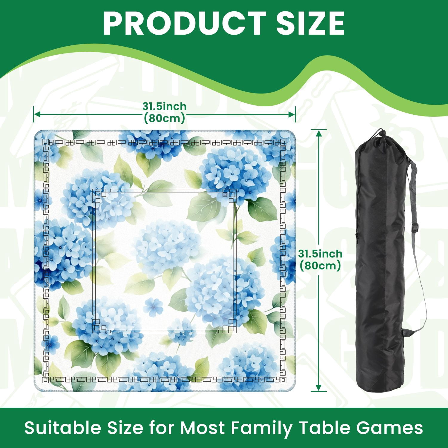 Mahjong Mat 31.5" x 31.5" Seamless watercolor blue hydrangea leaves floral Non-Slip Noise Reduction American Mahjong Tiles Table Cover for Dominoes Poker Card Board Games Gift