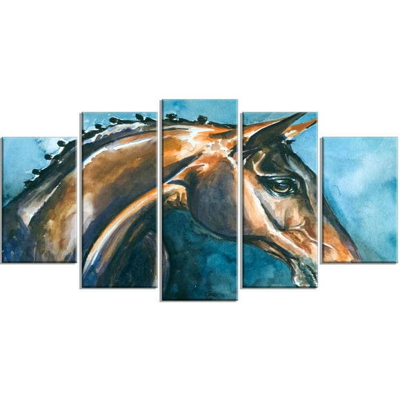 Design Art Brown Horse on Blue Watercolor Canvas Print
