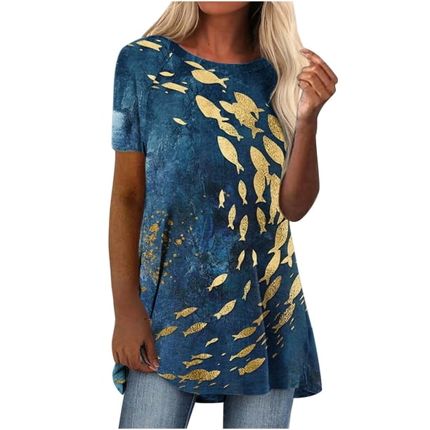 Blusa de manga corta con estampado de cuello redondo informal para mujer a la moda, Tops de verano Pompotops hkajfhjk462788
