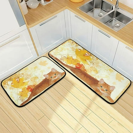 

SKYSONIC Autumn Maple Leaves Kitten Kitchen Rugs 2 Pieces Fall Cat Vintage Floor Mat Room Area Rug Washable Carpet Perfect for Living Room Bedroom Entryway