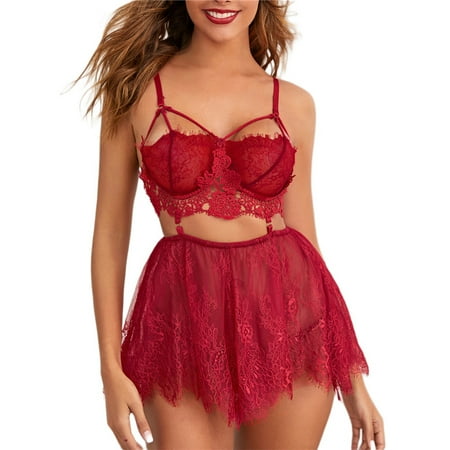

Women Ladies Sexy Lingerie Outfits Lace Flower Bra + Mesh Short Skirt + Thong 3pcs Set Sleepwear Nightwear
