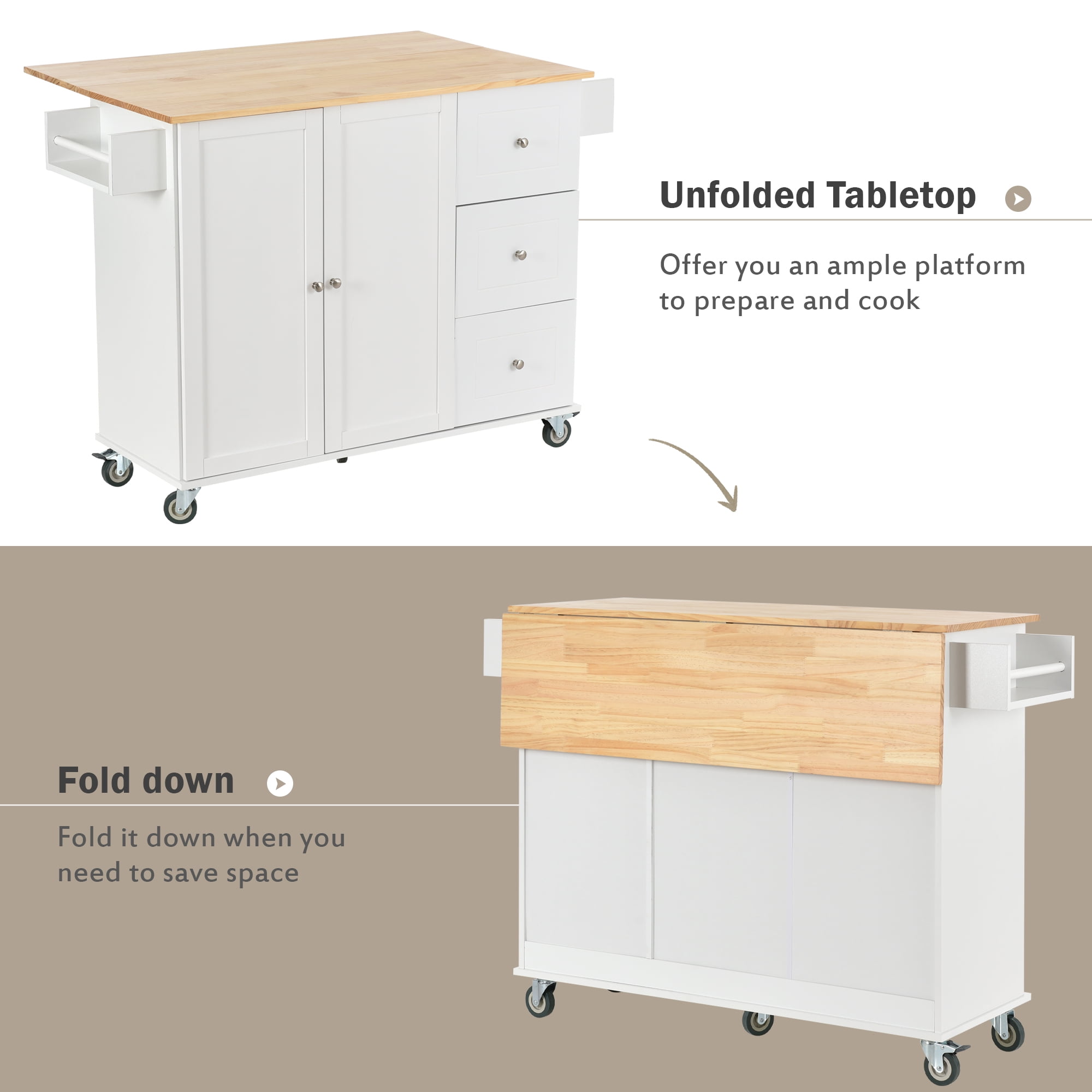 Homy Casa 52.7" Rolling Kitchen Island with Solid Wood Top, Storage Cabinet, Drawers & Drop Leaf, White