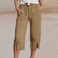thumbnail image 2 of Hurxie Womens Capris Pants High Waist Drawstring Comfy Casual Pants Lightweight Trousers Buttons with Pockets Khaki,XL, 2 of 6