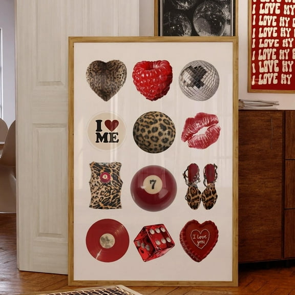 Disco Collage Prints Red Leopard Print Lucky Ball Poster Fashion Prints Girly Dorm Decor Apartment Aesthetic Art Preppy Red Cheetah Collage Wall Art Decor For Home Office, 8x12 UNFRAMED