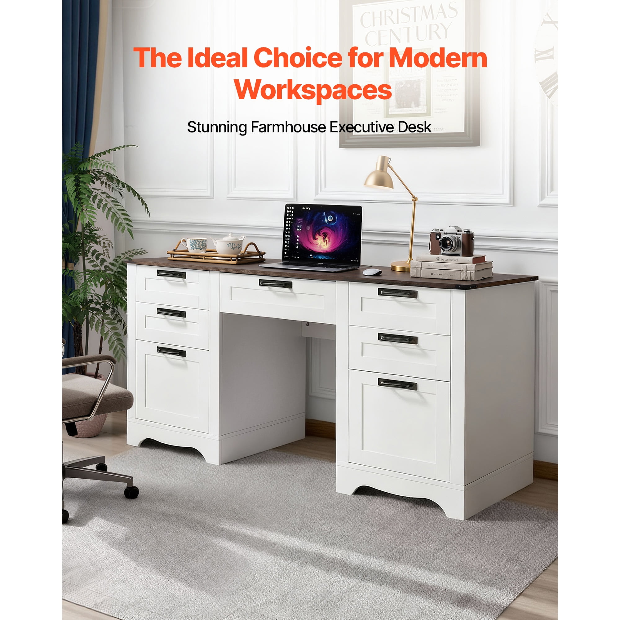 KFFKFF Executive Desk with Charging Station, Sturdy Office Table with Storage Drawers, 200 LBS Weight Capacity, Durable Particle Board Construction, Easy to Assemble, Ideal for Work, Study
