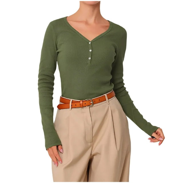 RXMEKW Long Sleeve V-Neck Base Layer Shirt For Women, Casual Solid Color Polyester Top