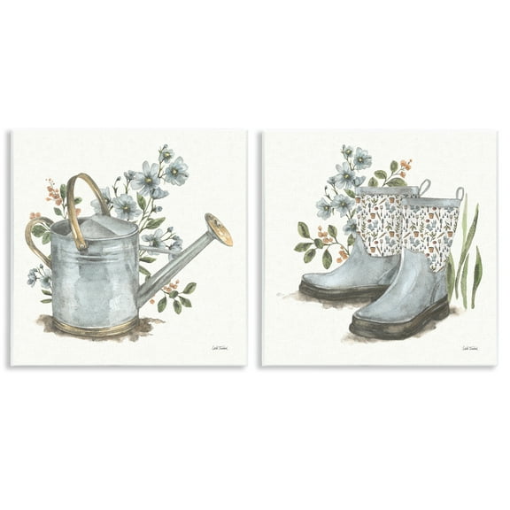 Stupell Industries Floral Watering Can Gardening Boots Plants & Flowers Painting Unframed Art Print Wall Art, 12 x 12, Set of 2