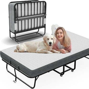 Twin Folding Bed with 5" Memory Foam Mattress 75"X46" for Adults Folded Rollaway Portable Foldable Guest Student Extra Bed with Sturdy Metal Slats Frame on Wheels Fold Up Space-saving