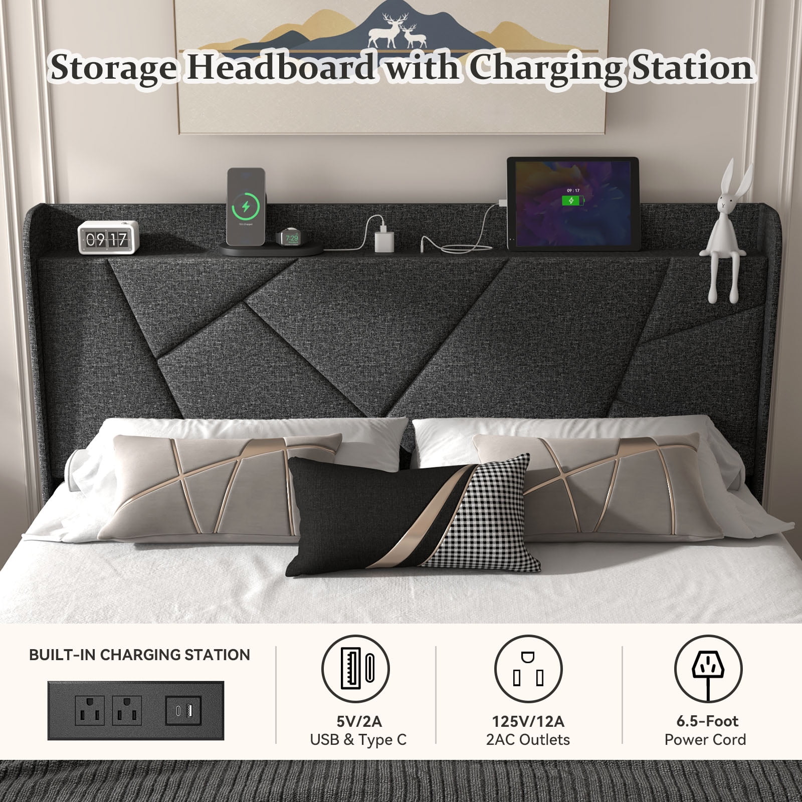 NISIEN Queen Bed Frame with Charging Station, Upholstered Platform Bed with Wingback Storage Headboard, Dark Gray