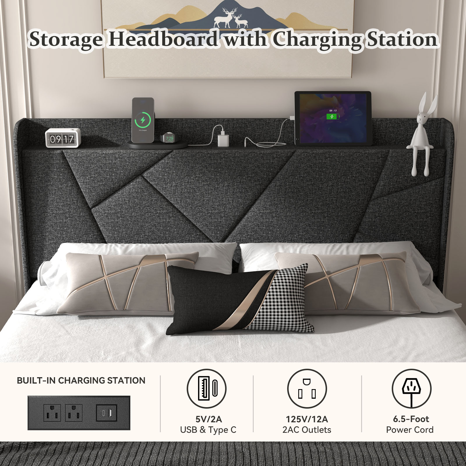Nisien Queen Wingback Platform Bed With Charging photo 3