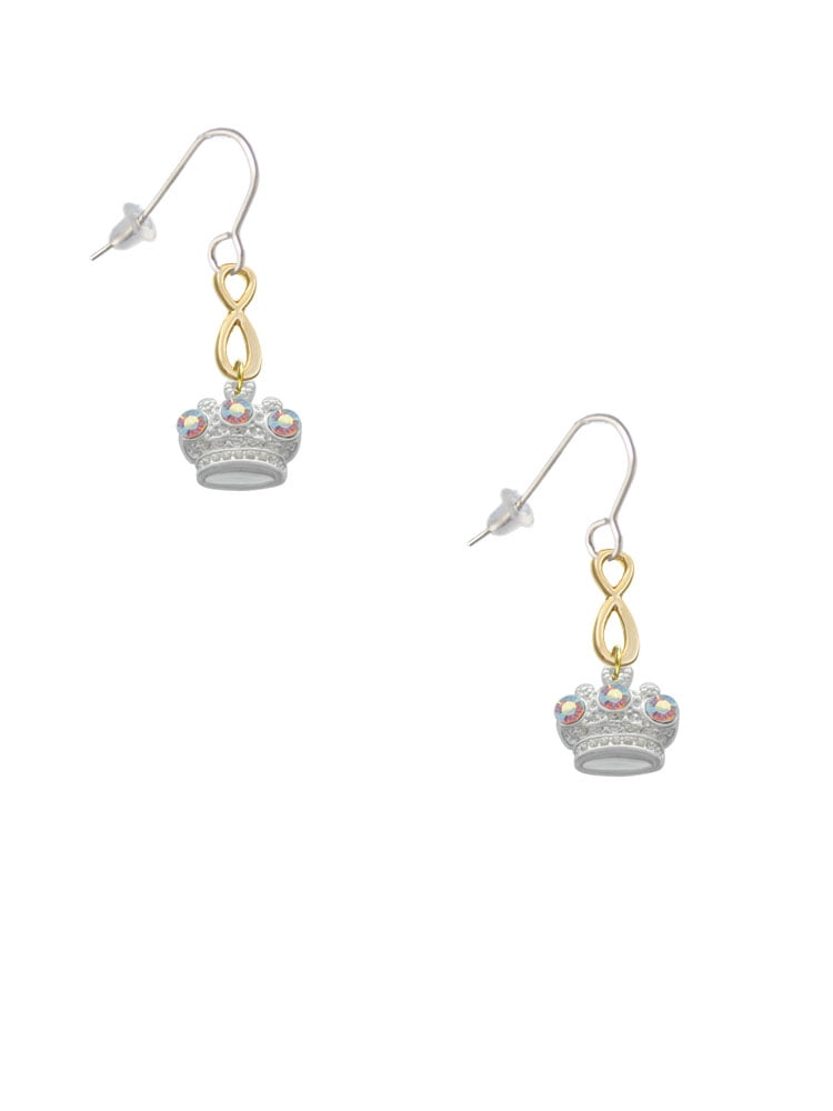 Delight Jewelry Silvertone Crown with 3 Clear AB Crystals Gold Tone Infinity French Earrings