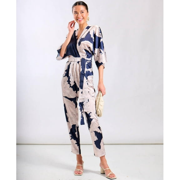 Navy Leaf Kimono Sleeve Jumpsuit