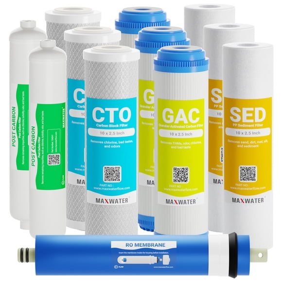 Max Water 11 Reverse Osmosis / Aquarium Replacement Water Filters + 75GPD membrane