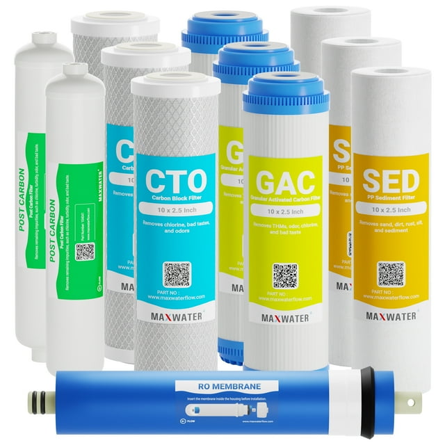 Max Water 11 Filtres à Eau de Remplacement pour Osmose Inverse / Aquarium + membrane 75GPD