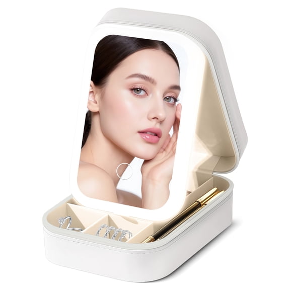 Rirool Jewelry Box with LED Mirror, Portable Travel Jewelry Organizer Case with 3 Color Light Modes, Compact Makeup & Jewelry Storage Box for Women Girls White