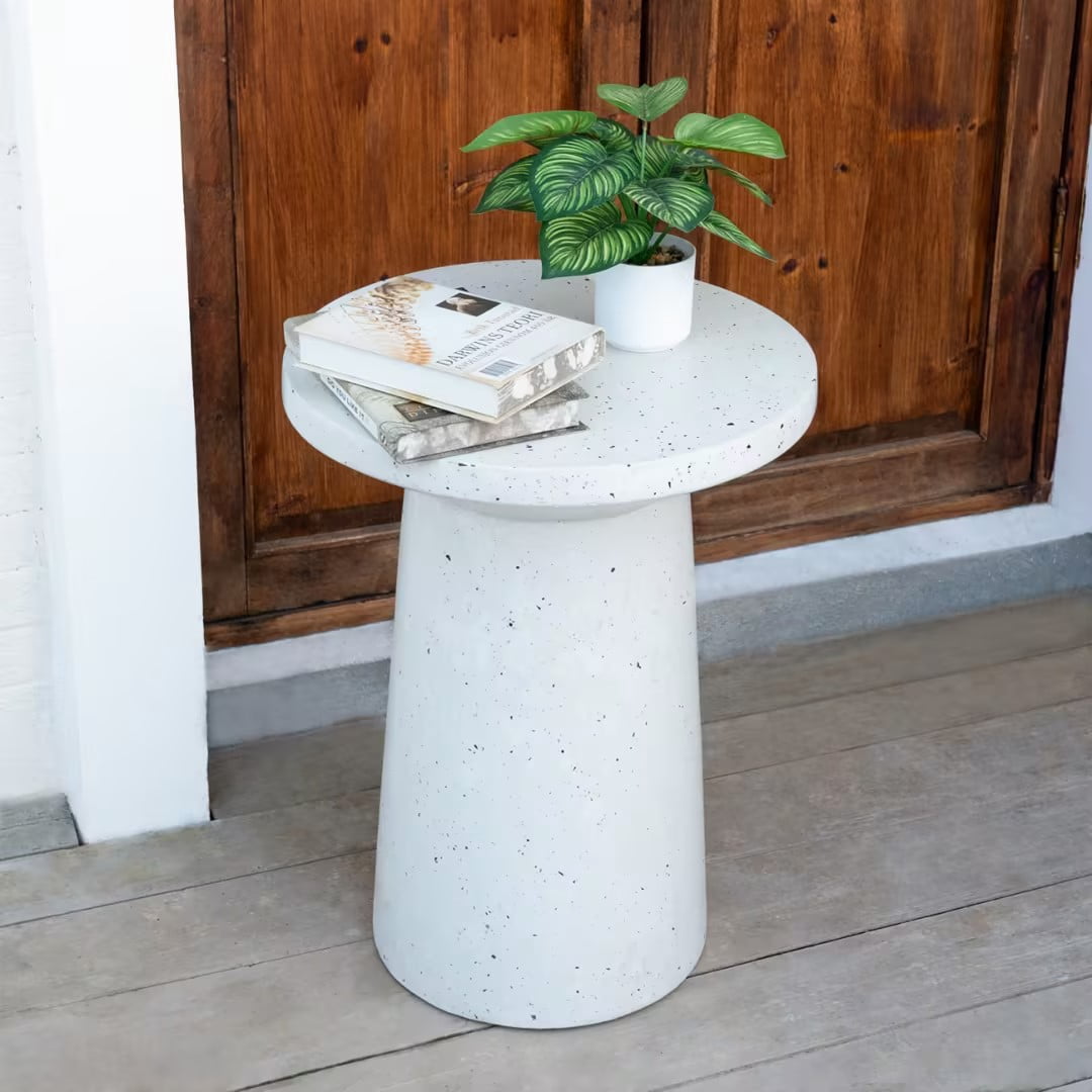 Side Table 24 Inch H, Outdoor Terrazzo Table for Patio Balcony Garden, White