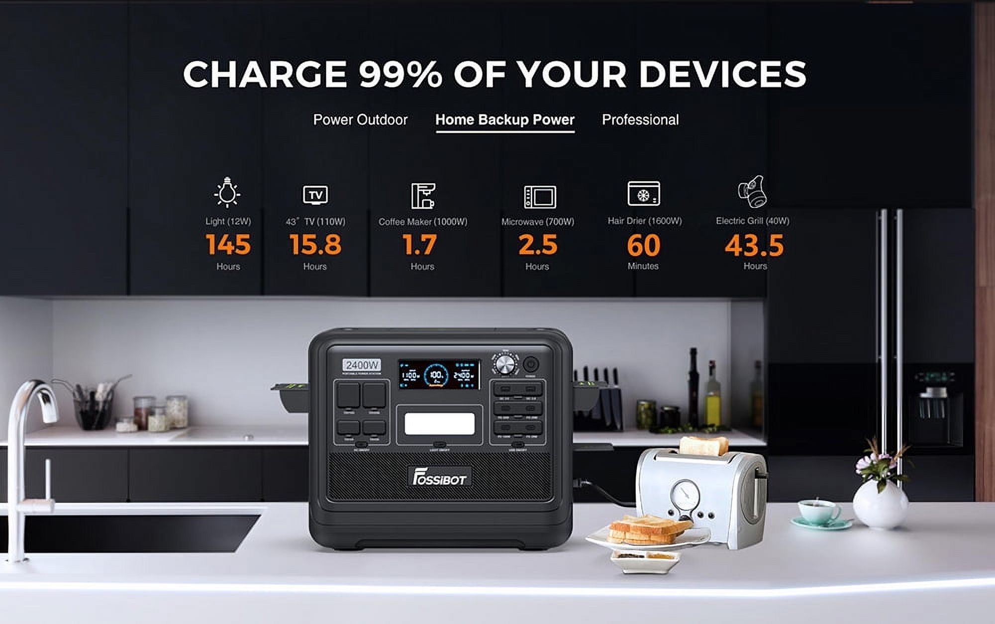 FOSSiBOT F2400 Portable Power Station, 2048Wh LiFePO4 Battery 2400W Output Solar Generator, 16 Output Ports - Black