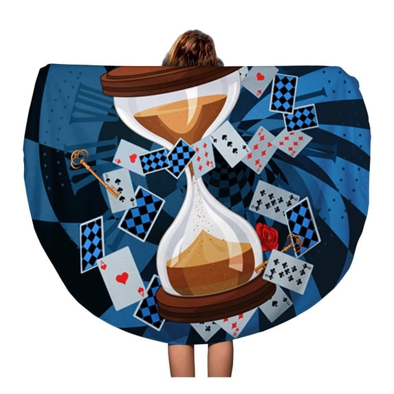 KDAGR 60 inch Round Beach Towel Blanket Fairytale of Sand Clock Wonderland Alice Antique Cartoon Clip Travel Circle Circular Towels Mat Tapestry Beach Throw