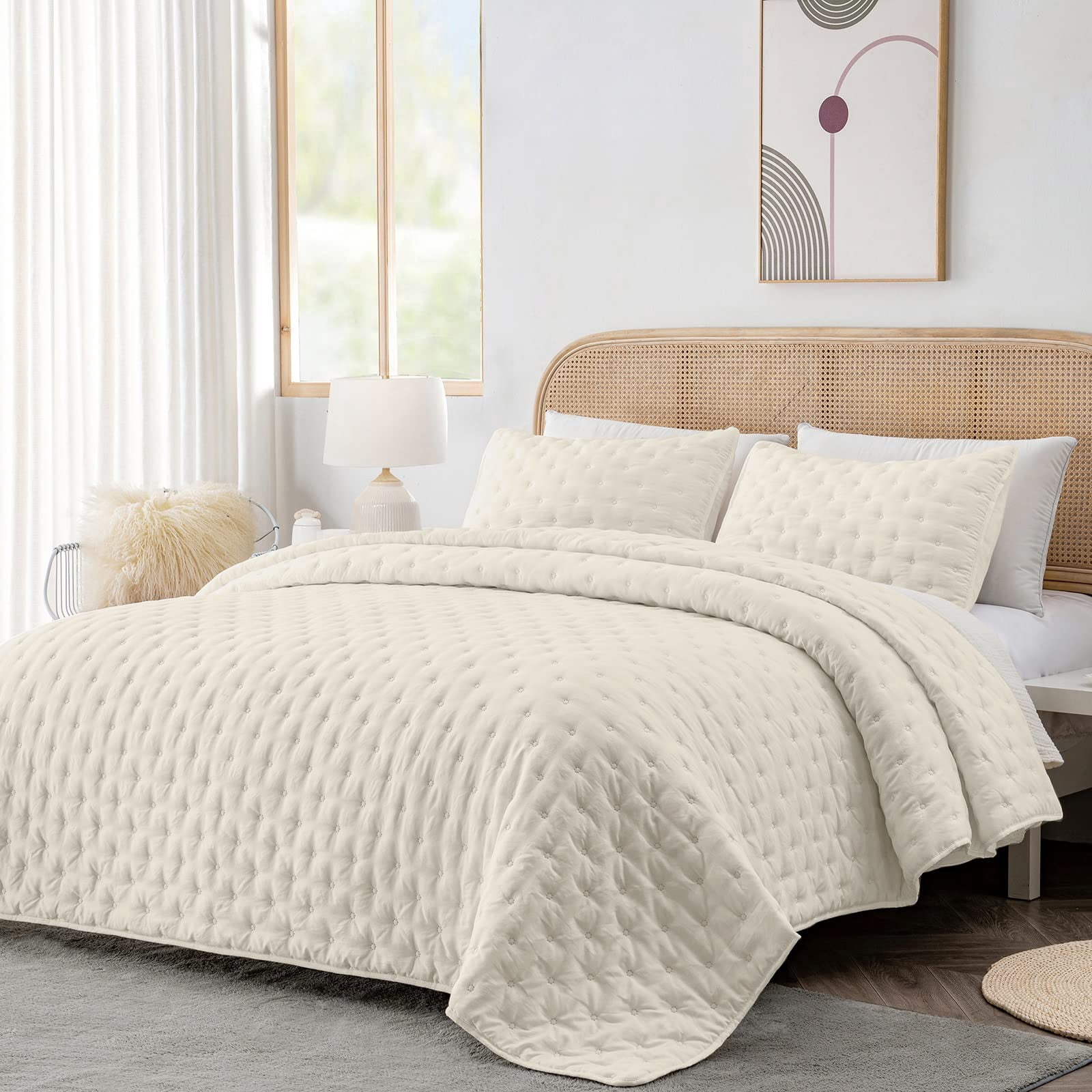 3-Piece Queen Size Quilts, GREAGLE Soft Lightweight Quilt for Queen Bed, Dotted Circle Pattern Warmer Bedspread /Bedding Set with Pillow Shams, 90 x 90 inch, Beige