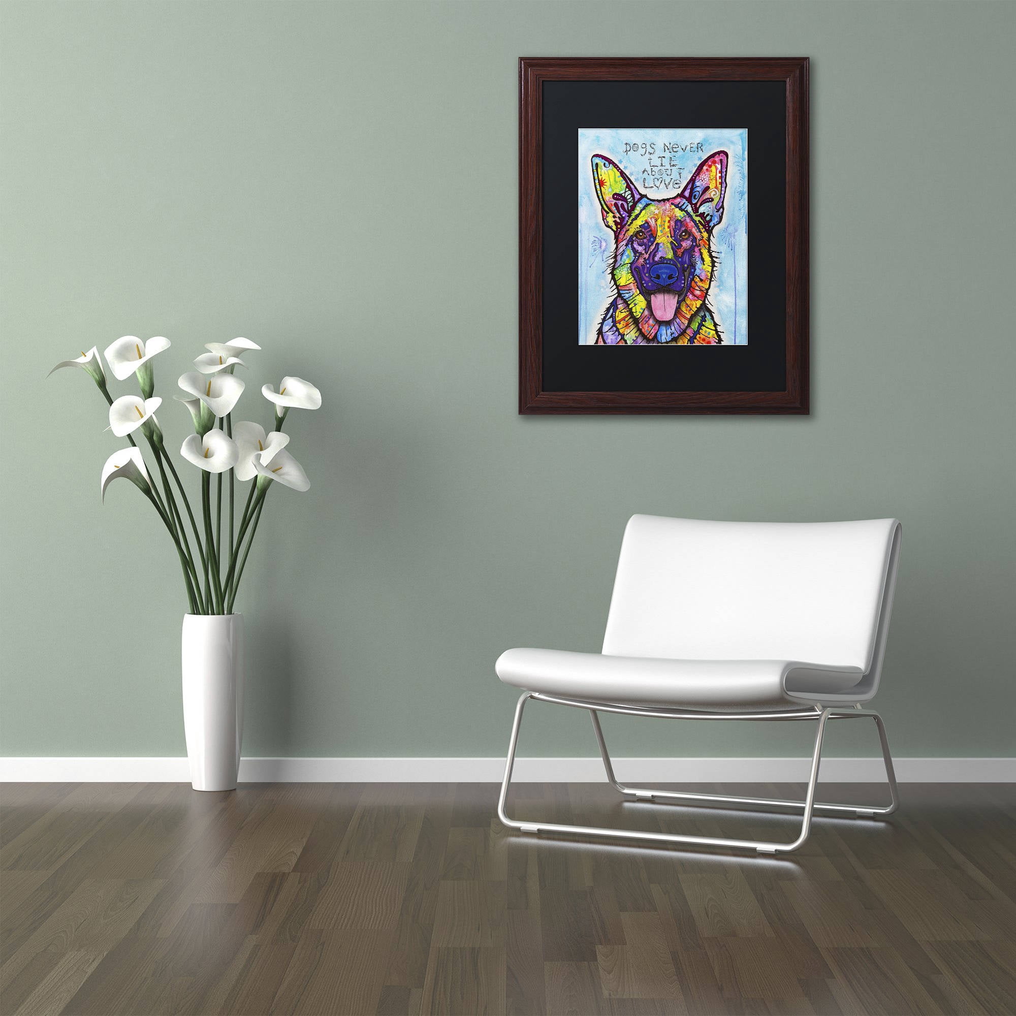 Trademark Fine Art 'Dogs Never Lie' Canvas Art by Dean Russo, Black Matte, Wood Frame