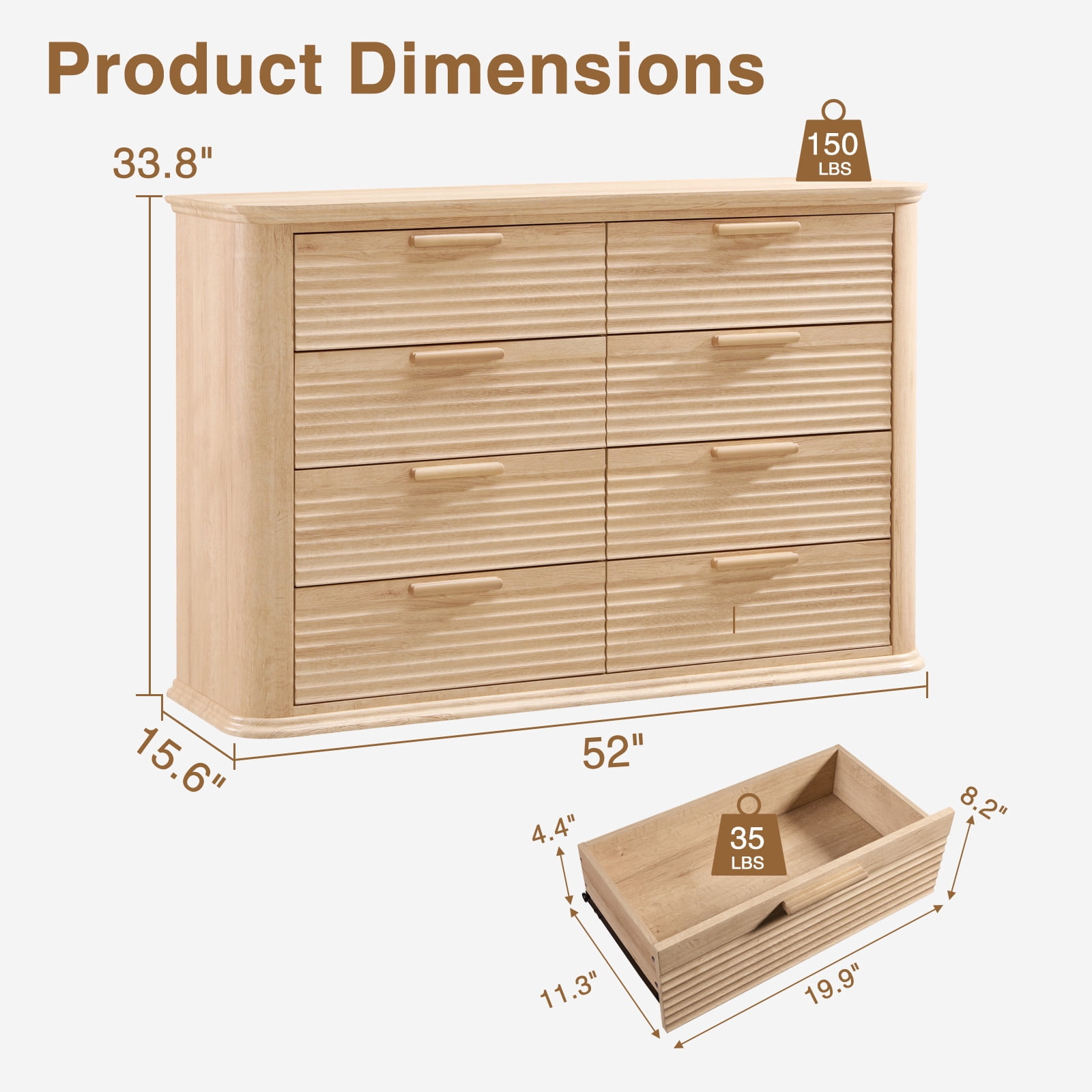 Hommoo Modern Wood Fluted 8 Drawer Dresser, 52" Wide Dresser Chest of Drawers with Curved Profile Design, Multifuctional Storage Organizer for Home, Oak