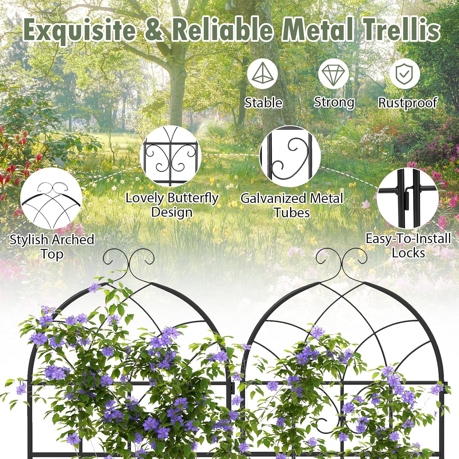 WLTER Metal Garden Trellis for Climbing Plants, 2 Pack 71" Tall Fence Trellis Panels, Retro Style Cucumber Trellis, Indoor & Outdoor Decorative Plant Support Stand for Rose Ivy Vine, Black