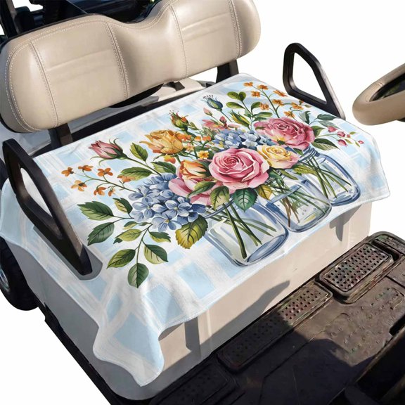 Golf Cart Seat Cover Flower Vase Club Car Golf Cart Seat Covers Soft Absorbent Golfcart Towel Blanket Leaves Plant Blue Plaid Golf Seat Covers for Cart Decor Fits 2 & 4 Passenger 51"x31"
