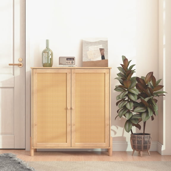 Mid-Century Modern Storage Cabinet with Woven Rattan Doors & Adjustable Shelves - Versatile Living Room & Dining Room Storage Solution