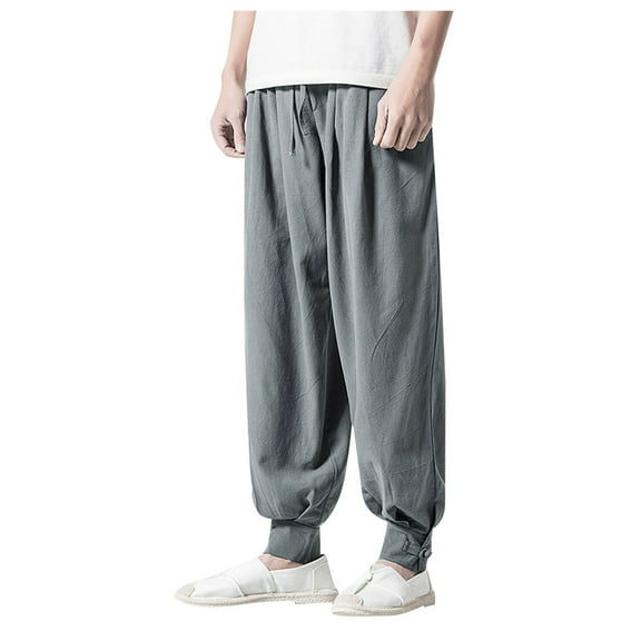 Men's Casual Pants Men Drawstring Pants Summer Baggy Boho Yoga Loose Casual Drop Crotch Trouser With Pockets Grey 3XL