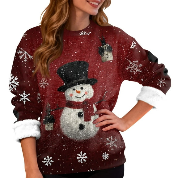 Women's Fashion Casual Long Sleeve Christmas Snowman Print Round Neck Fleece Lined Sweatshirt Top for Holiday Comfort and Casual Wear