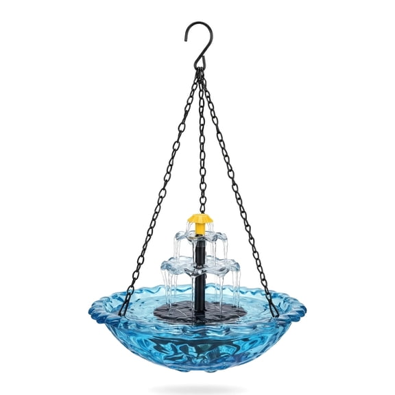 Hanging Solar Bird Bath Fountain, Solar Powered Cascading Outdoor Water Fountain, Hanging Bird Bath with Water for Outdoors Garden Patio Backyard Lawn Decor (Blue)